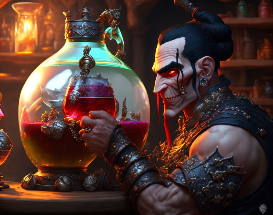 White-faced character gazes at red potion in flask in dark, candlelit room