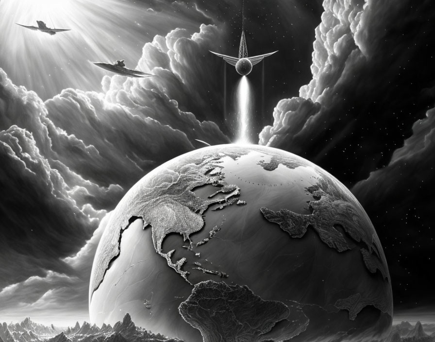 Monochrome sci-fi scene: Stylized Earth with spacecraft and celestial body