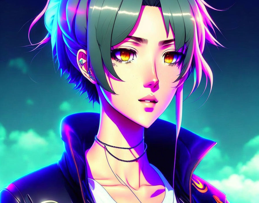 Green-haired anime character with yellow eyes and earring on neon blue backdrop