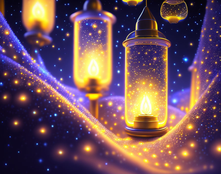 Glowing lanterns in mystical starry blue background