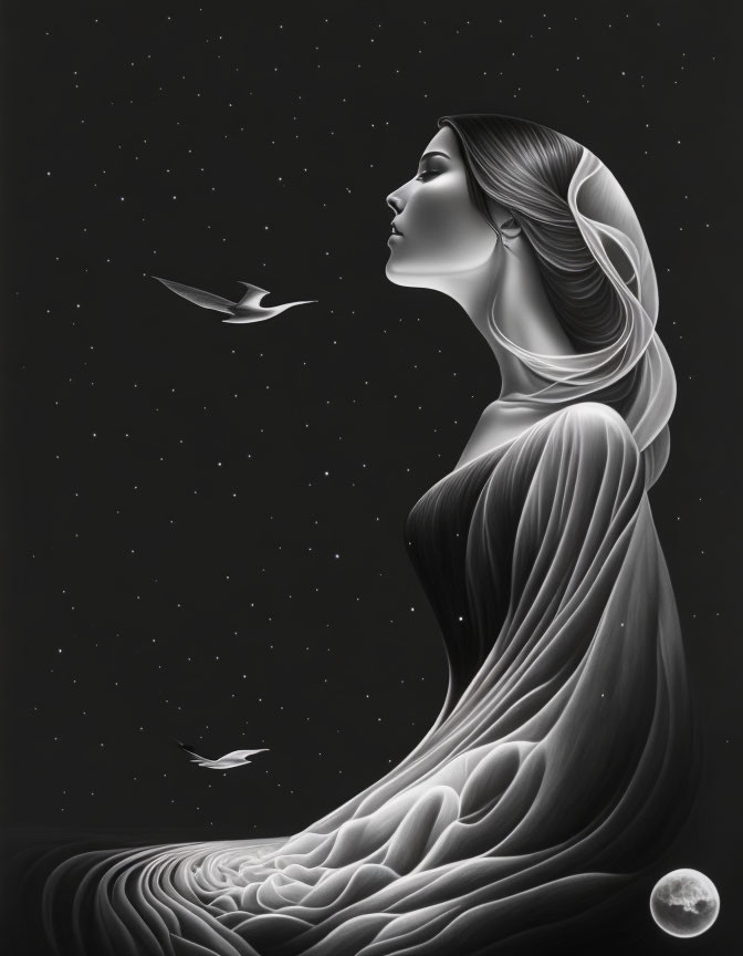 Monochrome illustration of contemplative woman merging with starry night sky