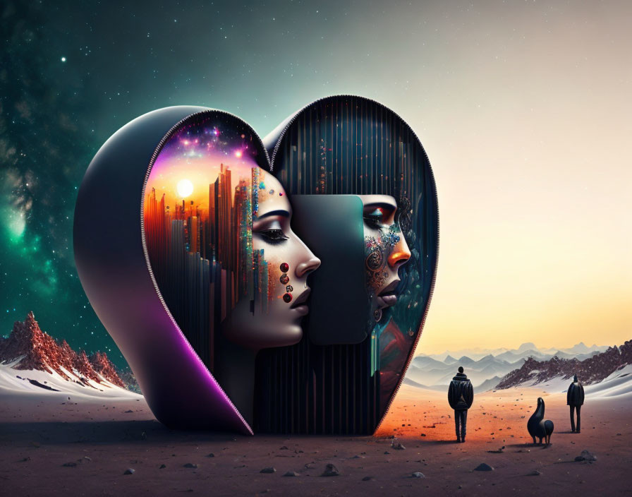 Surreal heart-shaped artwork with two faces in cosmic desert scene