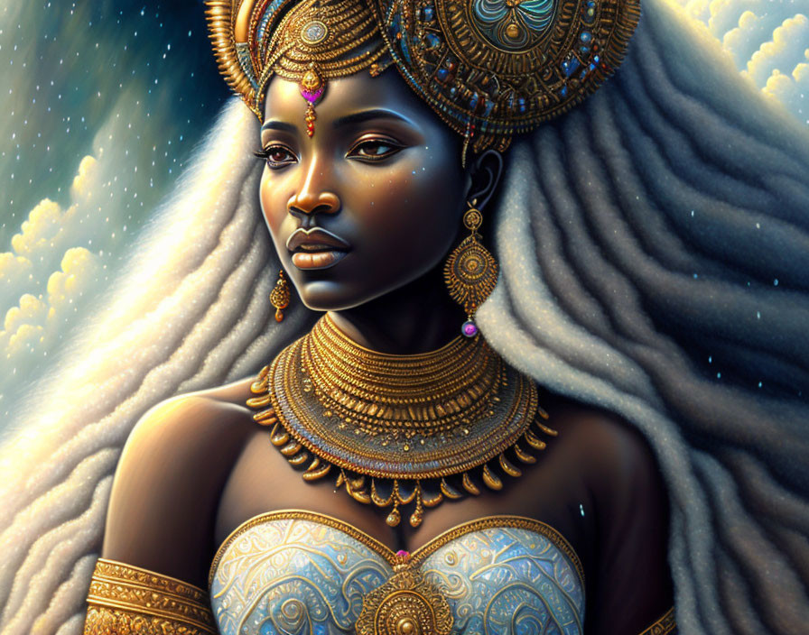 Dark-skinned woman with golden jewelry and celestial background.