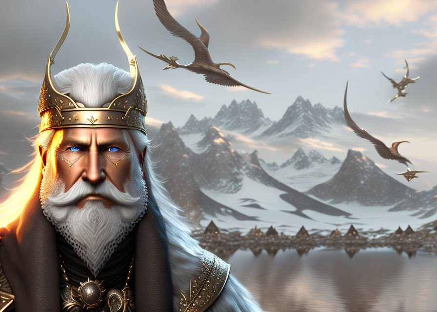 Regal bearded king in golden crown and armor with dragons and snowy mountains.