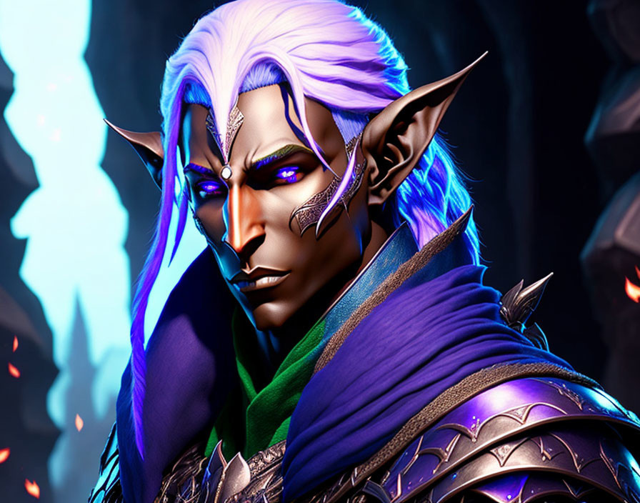 Fantasy elf with purple eyes, white hair, pointed ears, and silver facial markings in blue armor