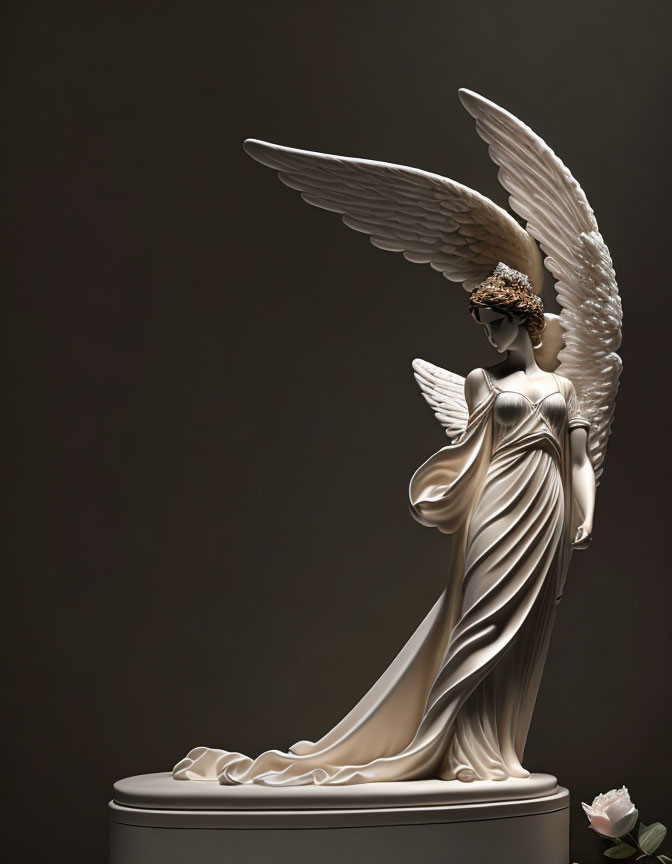 Detailed Kneeling Angel Statue with Wings, Dress, and Crown of Roses