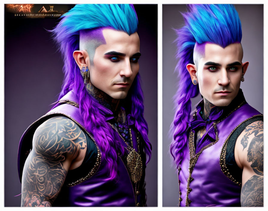 Man with Vibrant Blue Hair, Tattoos, Piercing Gaze, Purple Vest, Earrings