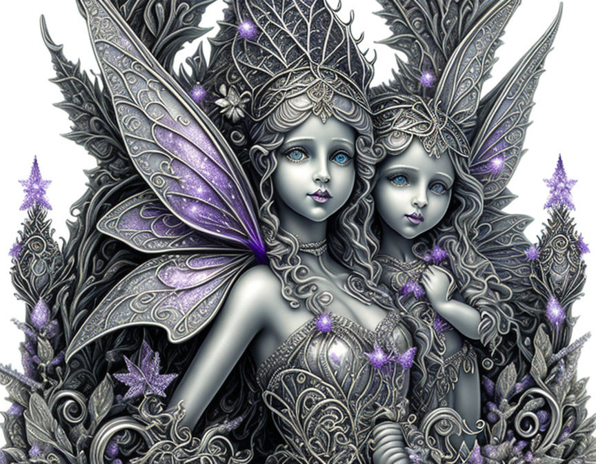 Fantasy illustration: Elaborate wings, ornate headdresses, intricate details, purple accents