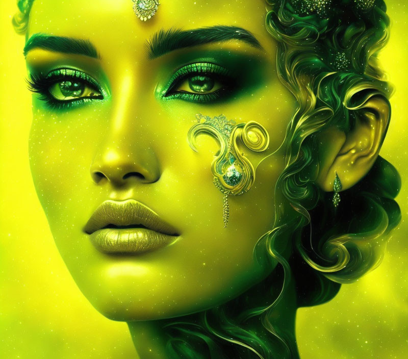 Colorful portrait of woman with green skin and emerald eyes on yellow backdrop