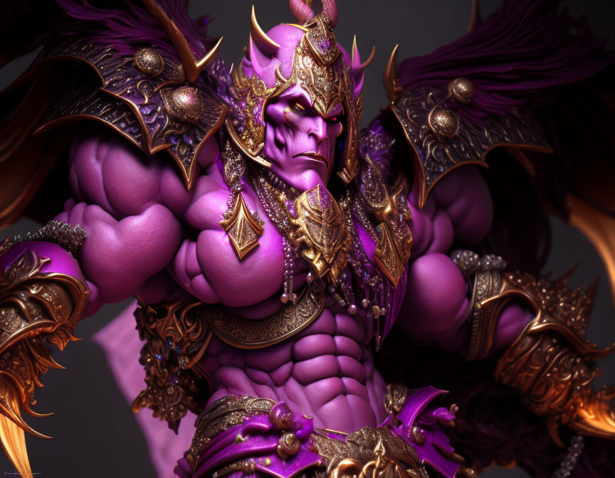 Mythical creature digital artwork: purple skin, golden armor, fierce expression