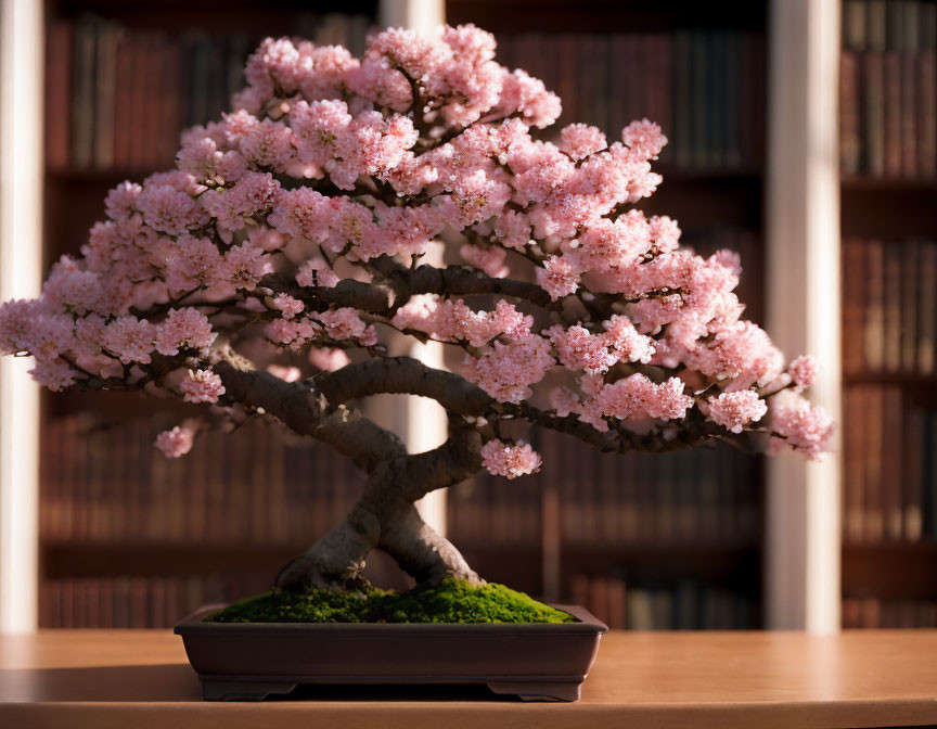 Pink Cherry Blossom Bonsai on Table with Bookshelves