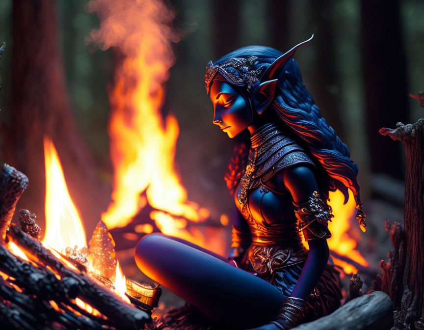 Blue-Skinned Elf in Armor by Campfire in Enchanted Forest