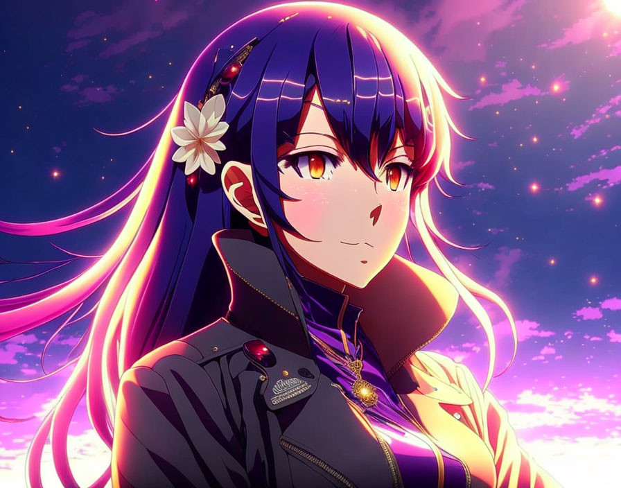 Anime girl with long purple hair and barrette in dark jacket under pinkish-purple sky