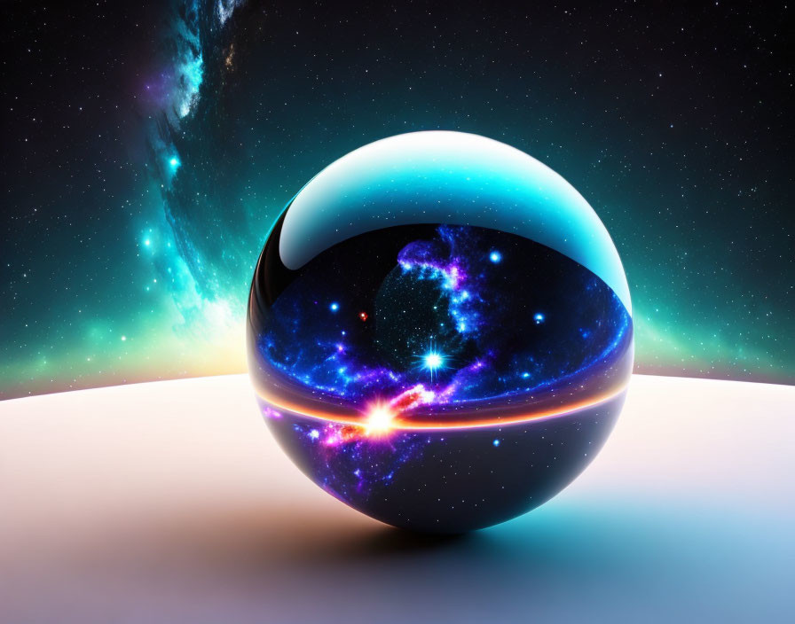 Shiny sphere with cosmic scene and nebula on dark space background