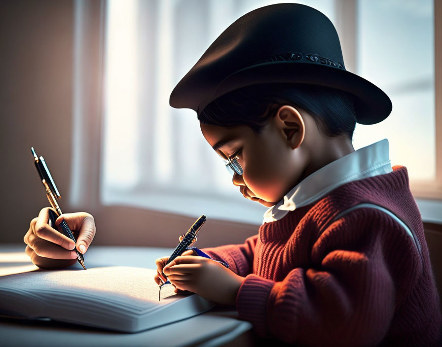 Child in Hat and Glasses Writing in Notebook by Window with Soft Light