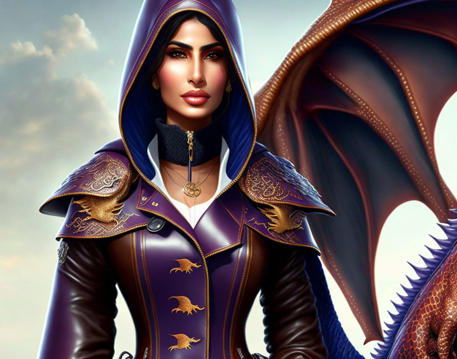 Digital artwork: Woman in medieval fantasy costume facing dragon