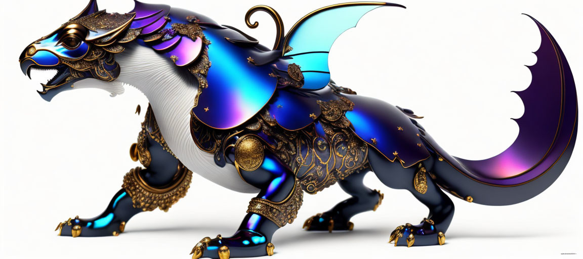 Fantastical lion-dragon creature in metallic blue and gold with ornate details