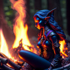 Blue-Skinned Elf in Armor by Campfire in Enchanted Forest