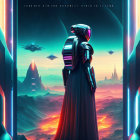 Futuristic figure in robe and helmet on alien landscape with rock formations