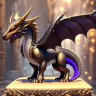 Golden-horned dragon on pedestal in 3D rendering