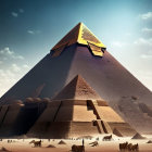 Digital illustration: Great Pyramid with golden capstone, figures at base, smaller structures, bright sun