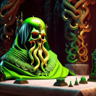 Mysterious figure in green cloak with tentacles and candles