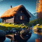 Rustic log cabin with thatched roof near stream, autumn trees, mountains, blue sky