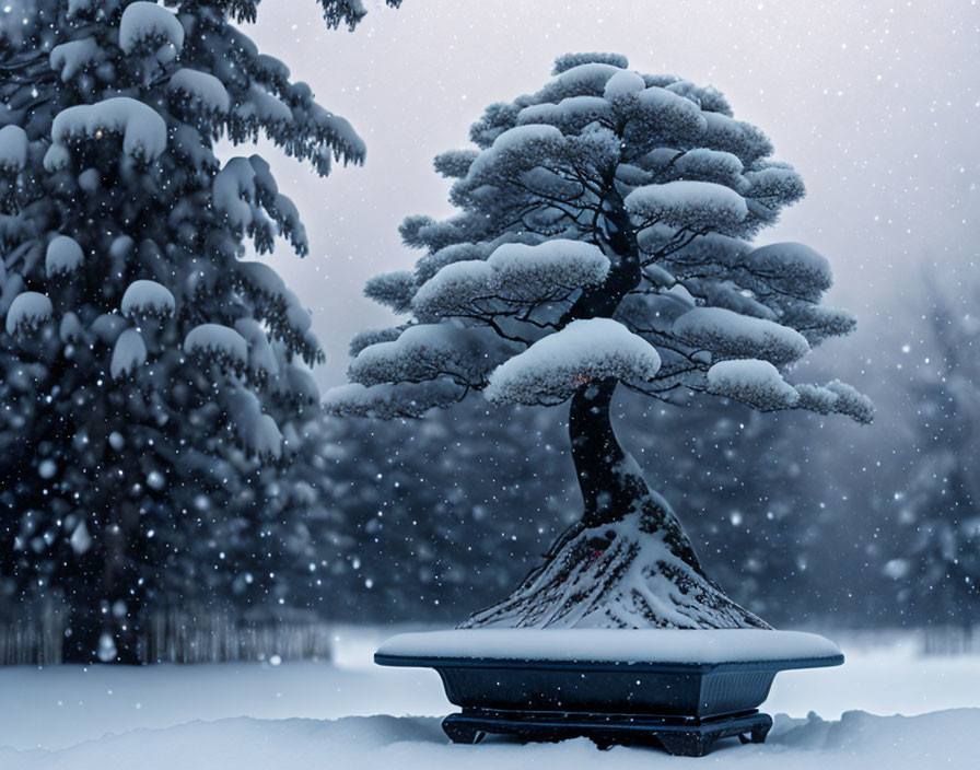 Winter scene: Snow-covered bonsai tree in falling snow with forest backdrop