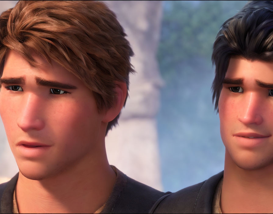 Two male animated characters with concerned expressions in close proximity against a blurry natural backdrop