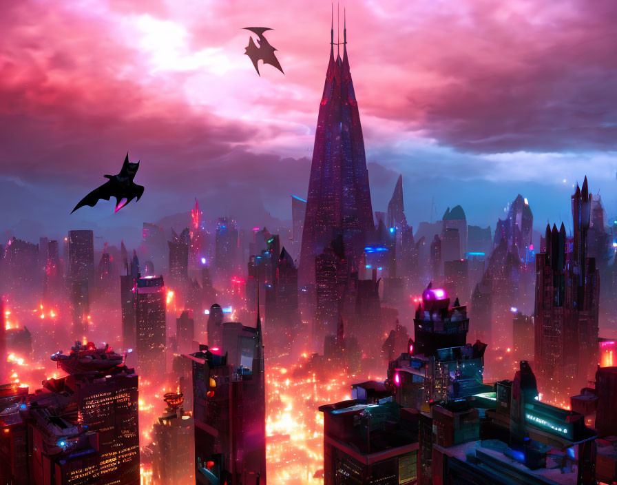 Futuristic cityscape with neon lights and flying vehicles at dusk