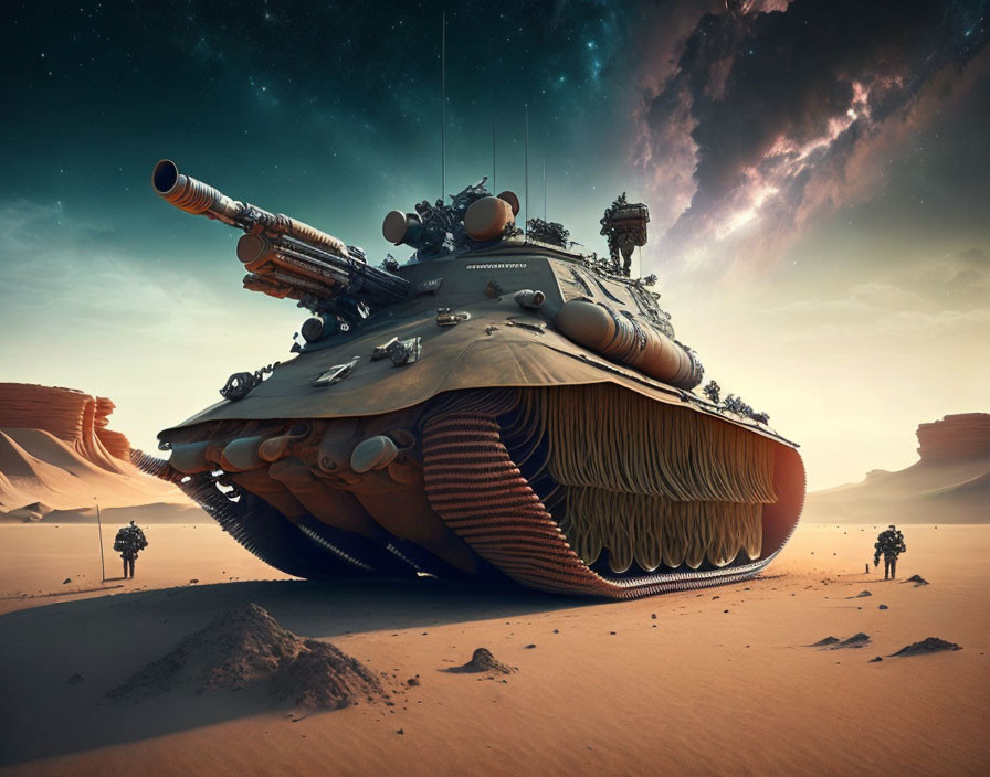 Gigantic futuristic tank in desert at twilight