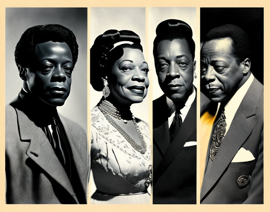 Vintage sepia-toned portraits of two men in suits and a woman in a dress and necklace.