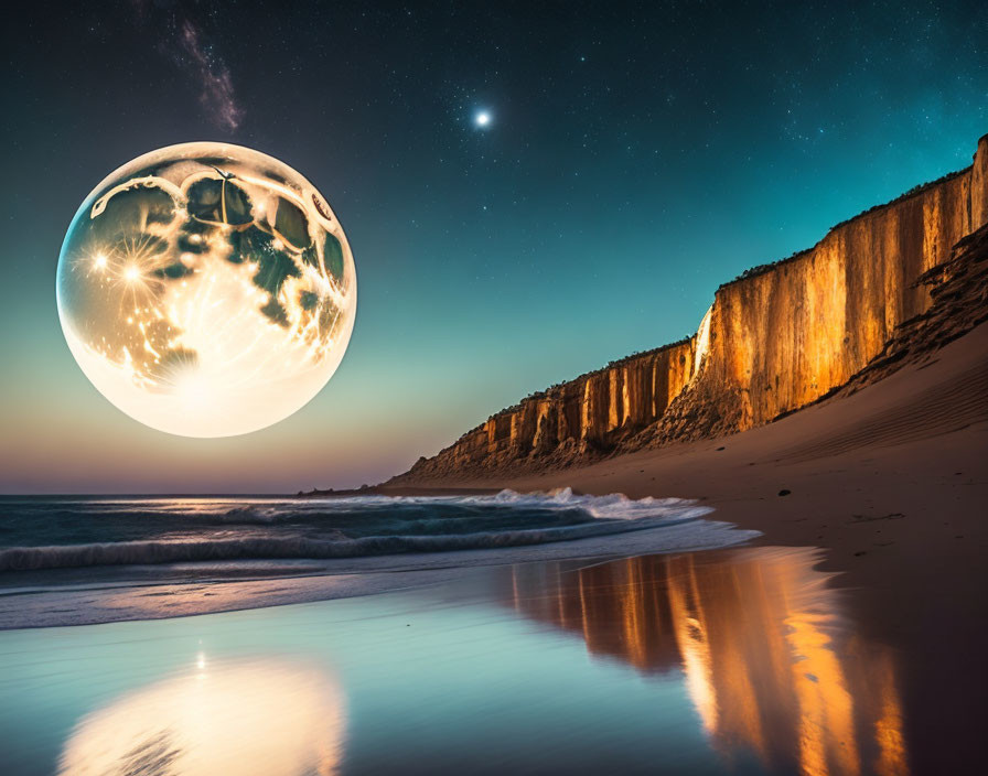 Surreal oversized moon over serene beach with starlit sky