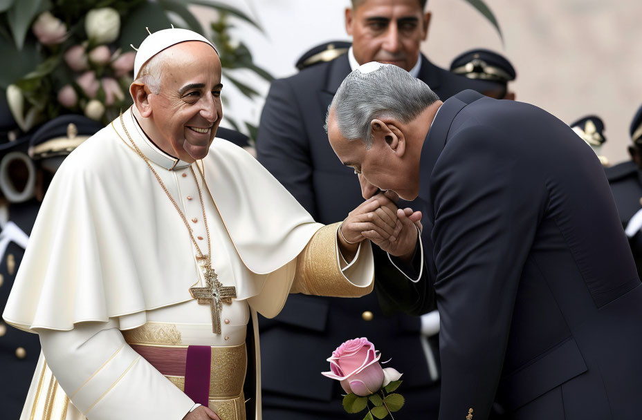 Man in suit kissing ring of smiling religious leader with guards present