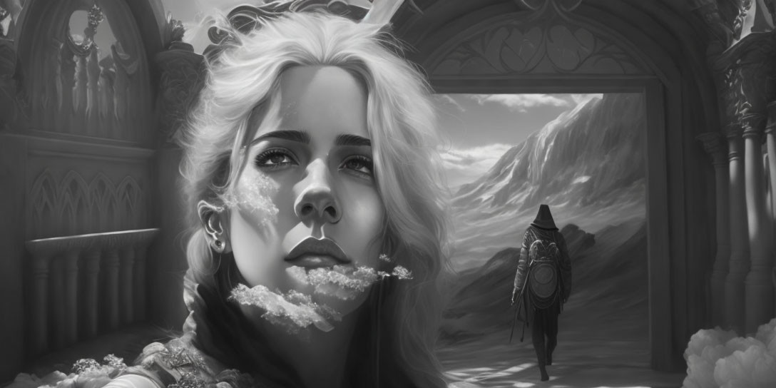 Monochrome fantasy art of elegant woman with tears, cloaked figure leaving through archway