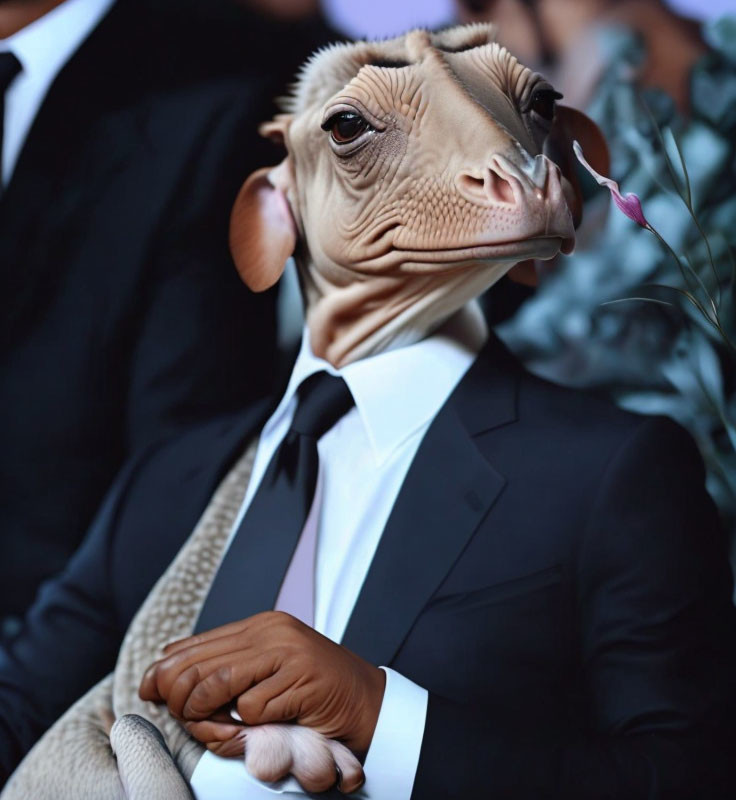 Formal attire camel-headed figure at an event