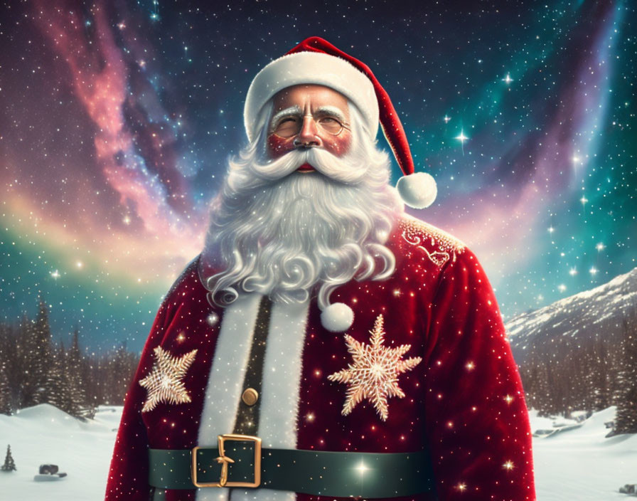 Festive Santa Claus in red attire with snowy landscape and colorful aurora borealis