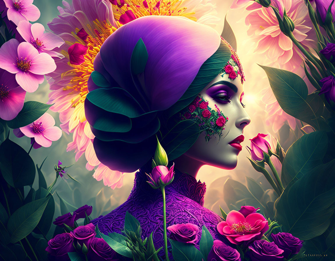 Digital artwork of woman with floral headpiece in pink and purple flower setting