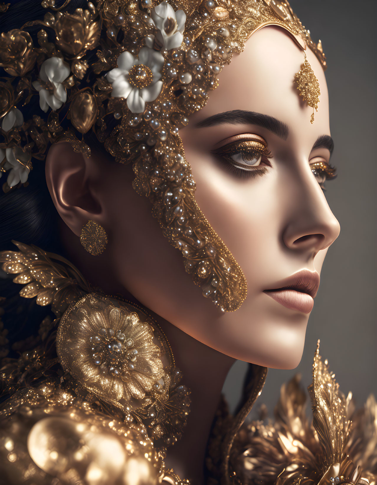 Portrait of Woman with Golden Jewelry and White Floral Accents