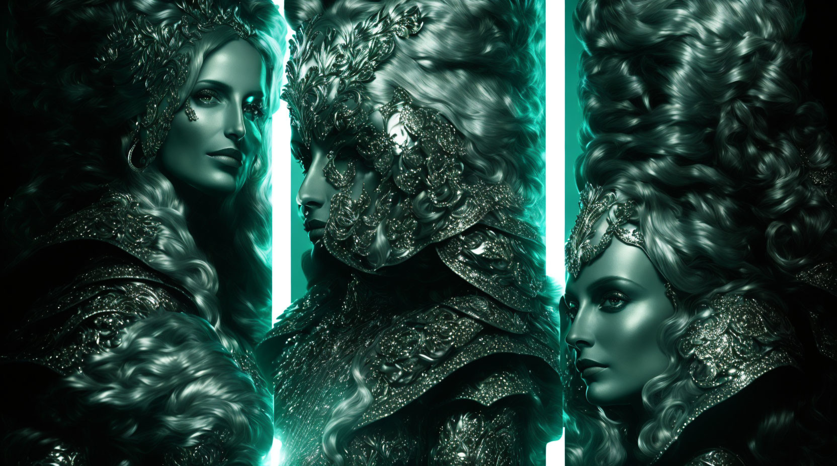 Three women in metallic fantasy costumes with elaborate hairstyles, mirroring in green light