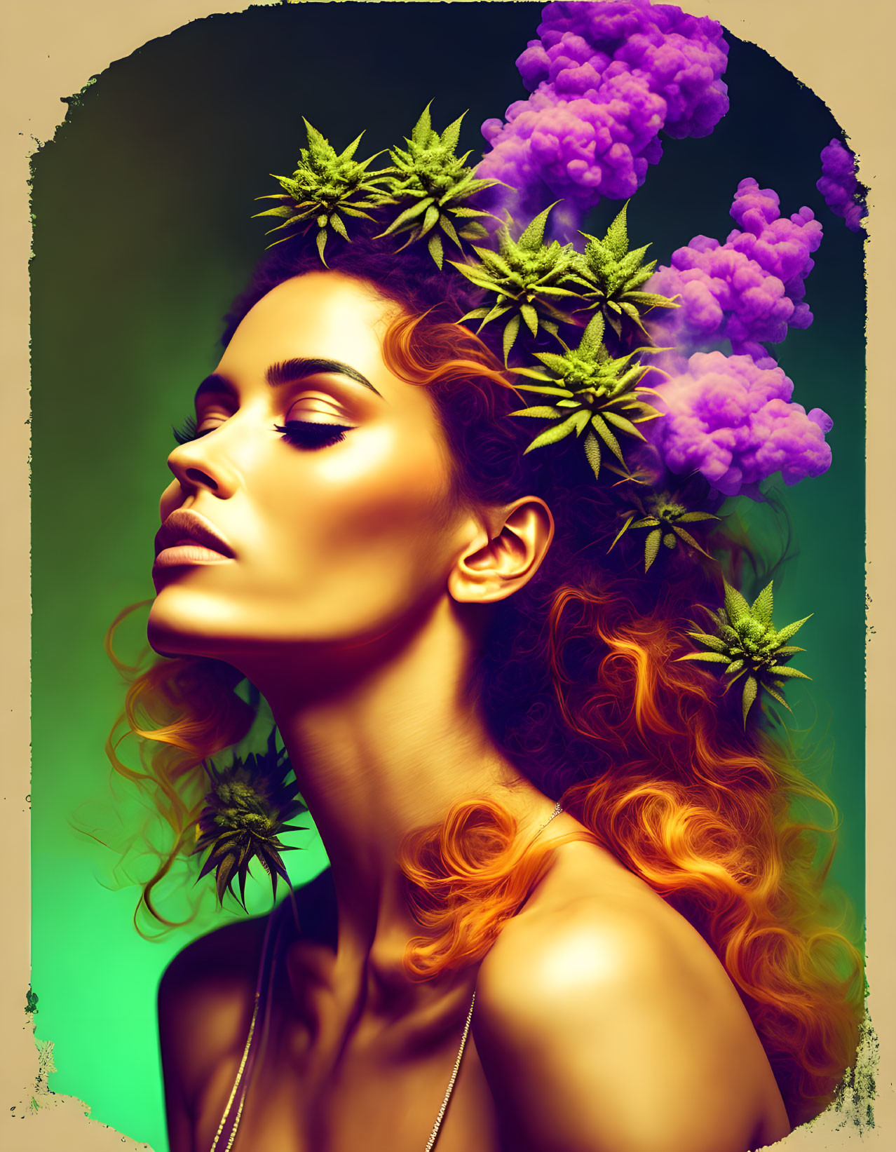 Curly orange-haired woman exhales purple smoke on teal backdrop