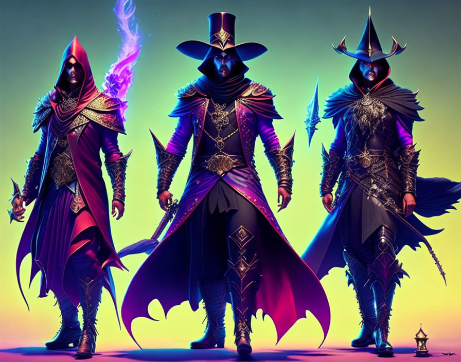 Three characters in ornate fantasy costumes with hoods and masks against a gradient background.