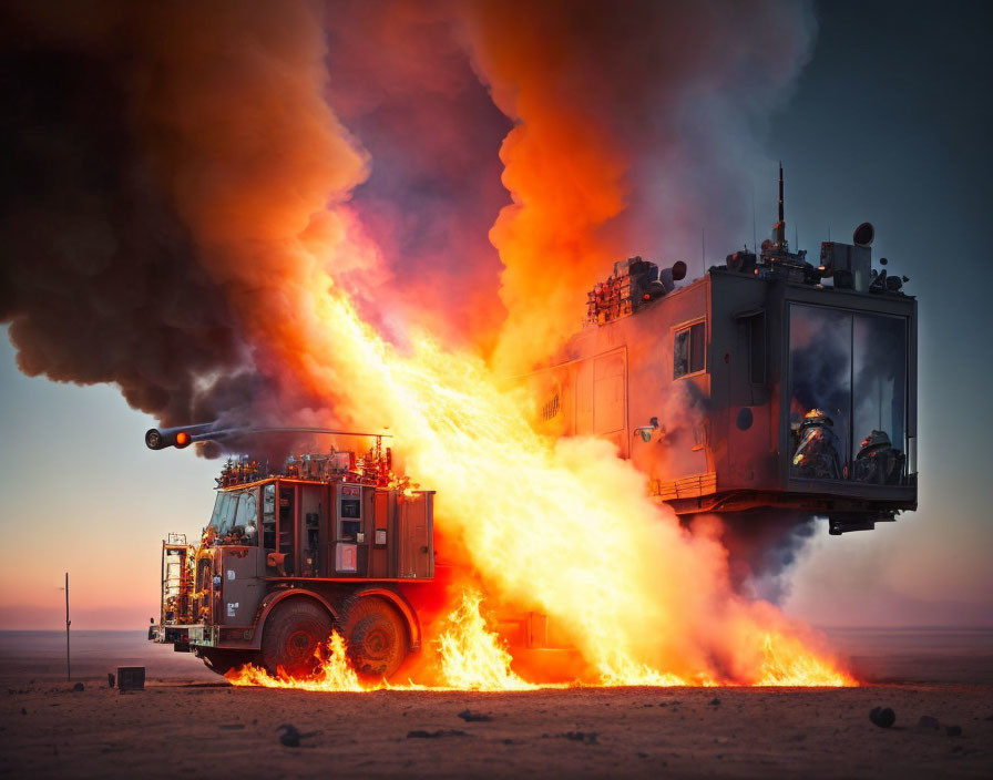 Flaming fire truck emits black and orange smoke