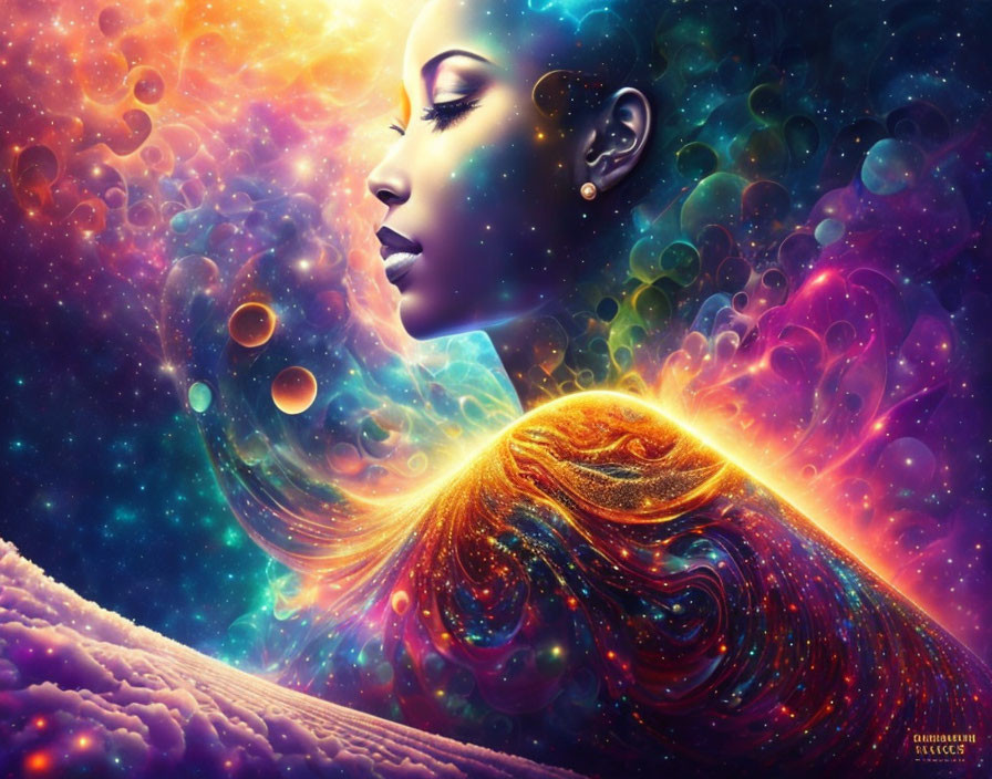 Digital Art: Woman's Profile with Cosmic Nebulae Elements