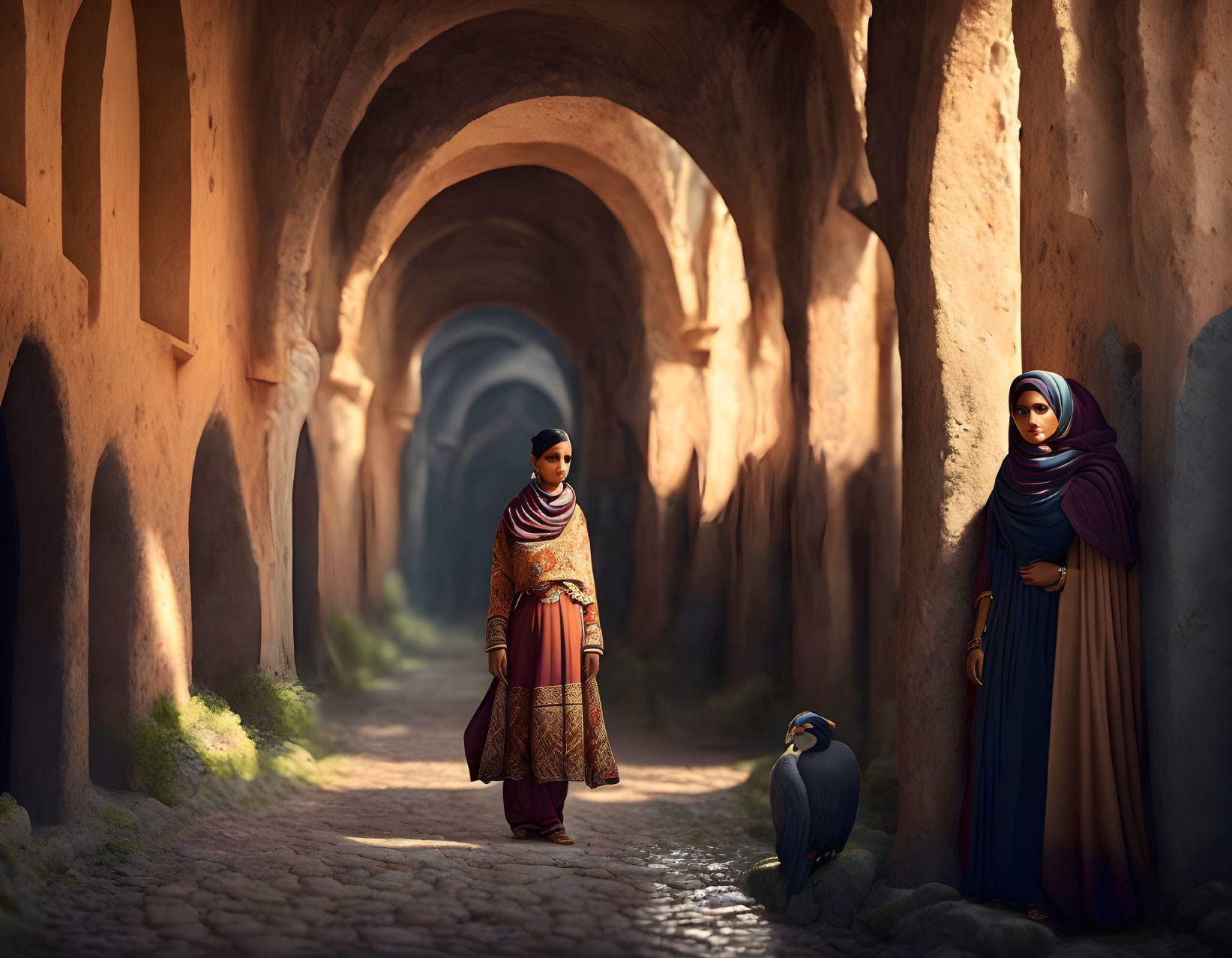 Traditional attire woman conversing in sunlit ancient alley with cloaked figure and blue bird.