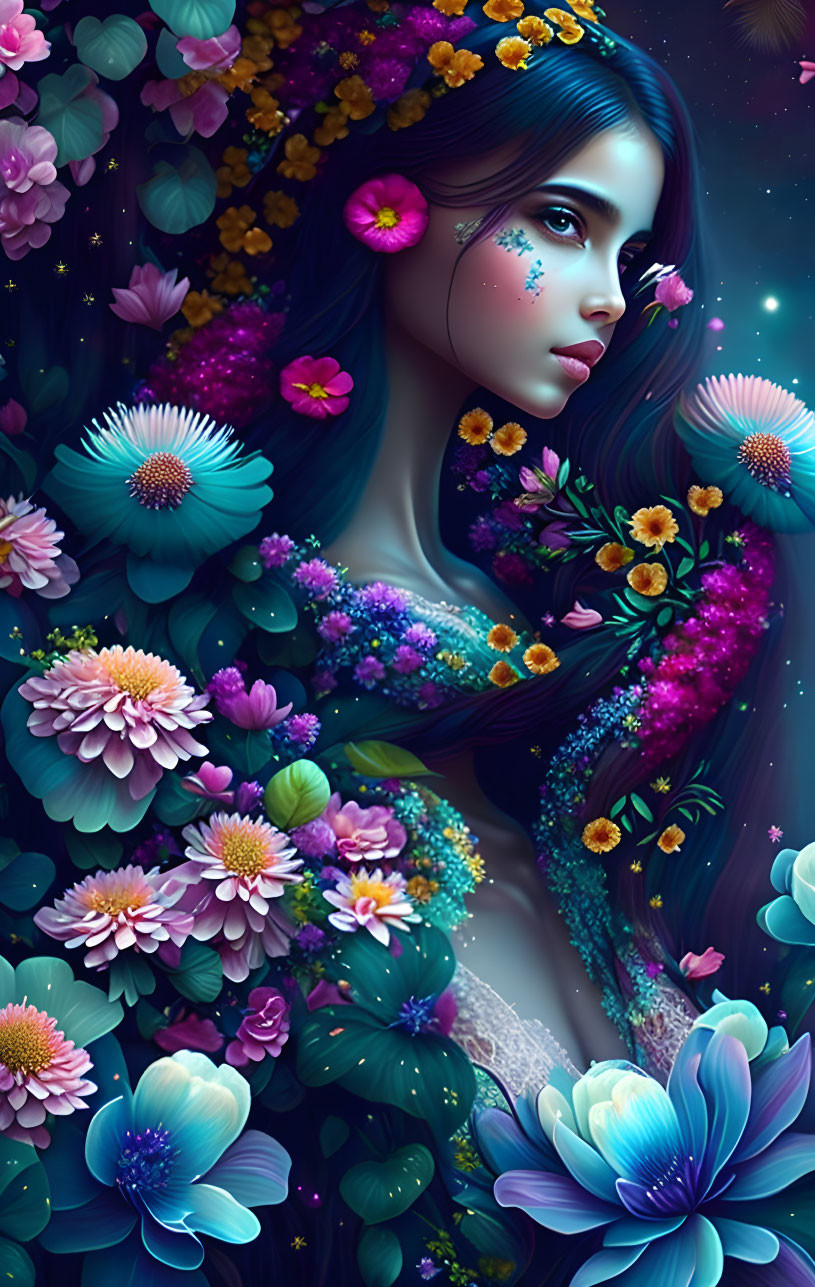 Vivid floral digital artwork with woman in blues, purples, pink, and yellow