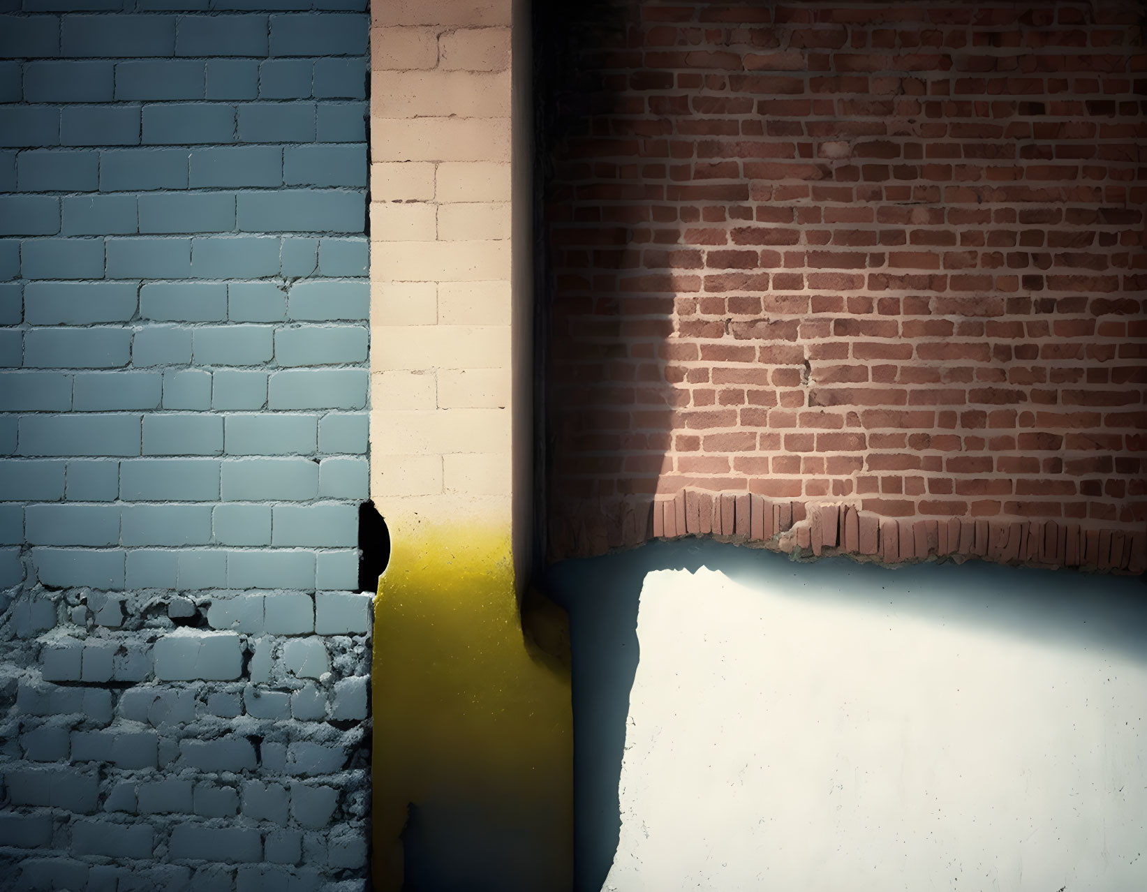 Contrasting image of dilapidated light blue bricks and textured red brick wall