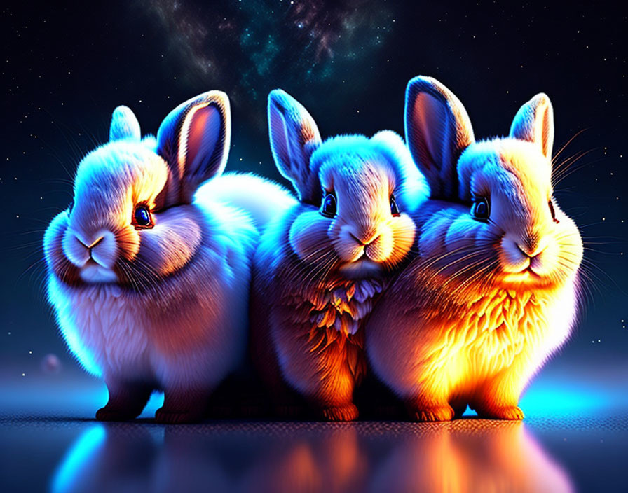 Fantasy-themed rabbits in cosmic setting.