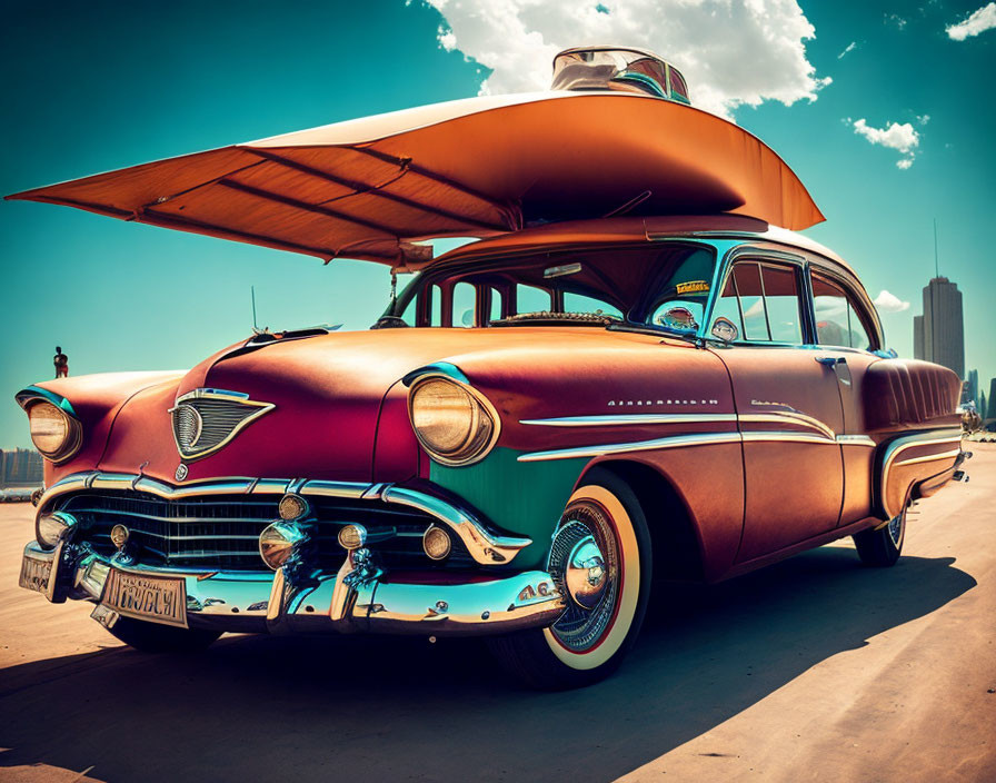 Classic Vintage Car with Boat on Roof under Clear Blue Sky