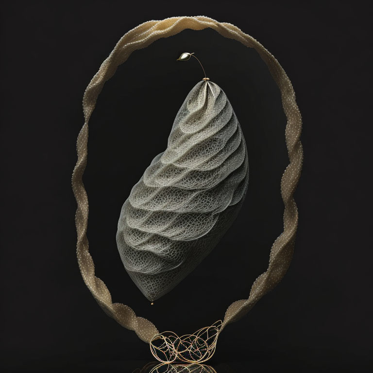 Textured Cocoon-Like Object with Gold Detail and Wire Patterns on Dark Background